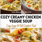 Bowl of creamy chicken noodle veggie soup with carrots and herbs, a comforting noodle soup recipe.